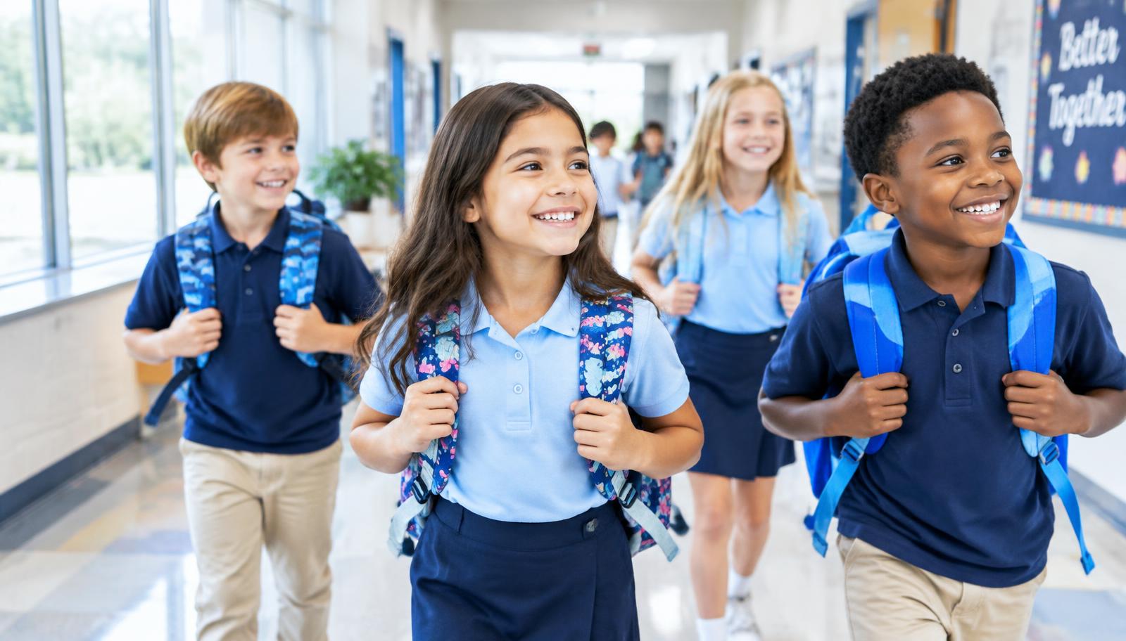 Students walking to class wearing backpacks